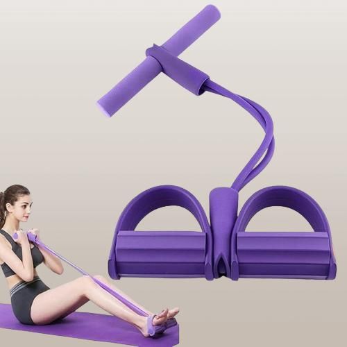 Purple resistance band exercise with a woman using it on a mat.